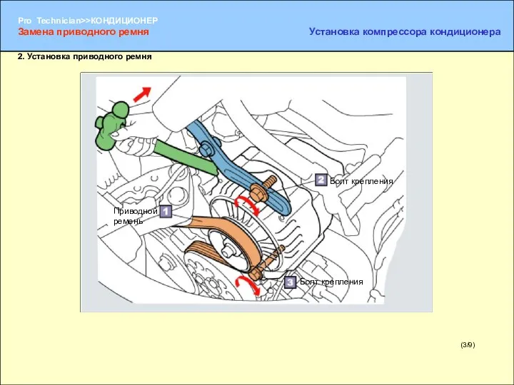 (3/9) 2. Установка приводного ремня Приводной ремень Болт крепления Болт крепления