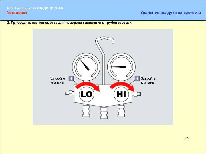 (2/2) 2. Присоединение манометра для измерения давления в трубопроводах Закройте клапаны