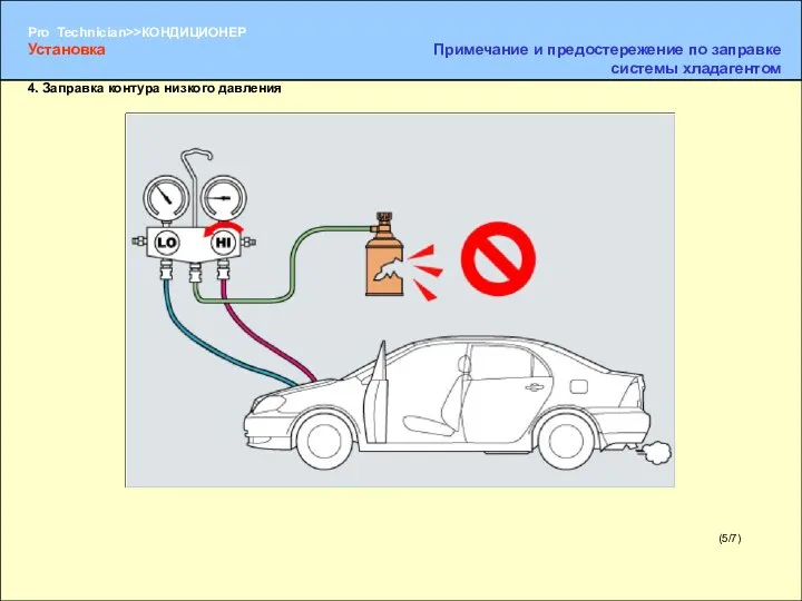 (5/7) Установка Примечание и предостережение по заправке системы хладагентом 4. Заправка контура низкого давления