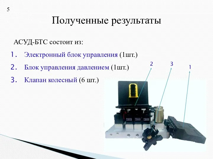 Полученные результаты АСУД-БТС состоит из: Электронный блок управления (1шт.) Блок управления