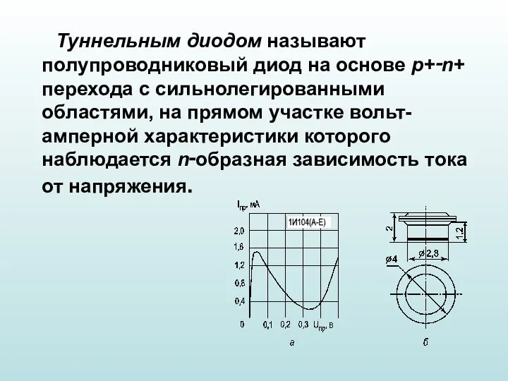 Туннельным диодом называют полупроводниковый диод на основе p+‑n+ перехода с сильнолегированными