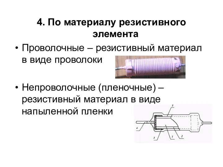 4. По материалу резистивного элемента Проволочные – резистивный материал в виде