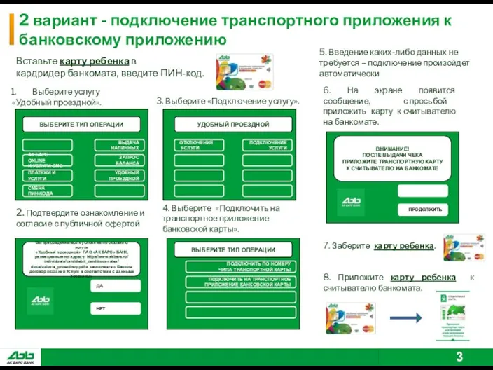 Вставьте карту ребенка в кардридер банкомата, введите ПИН-код. Выберите услугу «Удобный