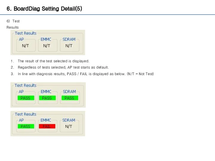 6. BoardDiag Setting Detail(5) 6) Test Results The result of the