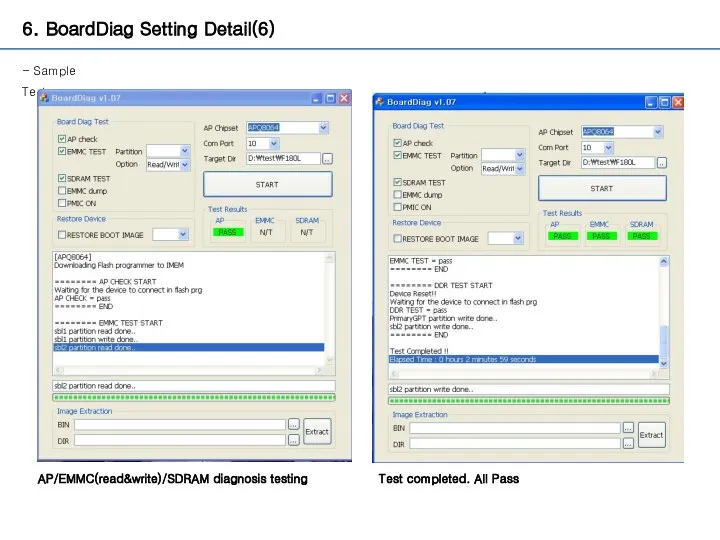 6. BoardDiag Setting Detail(6) - Sample Test AP/EMMC(read&write)/SDRAM diagnosis testing Test completed. All Pass