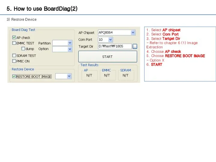 5. How to use BoardDiag(2) 3) Restore Device 1. Select AP