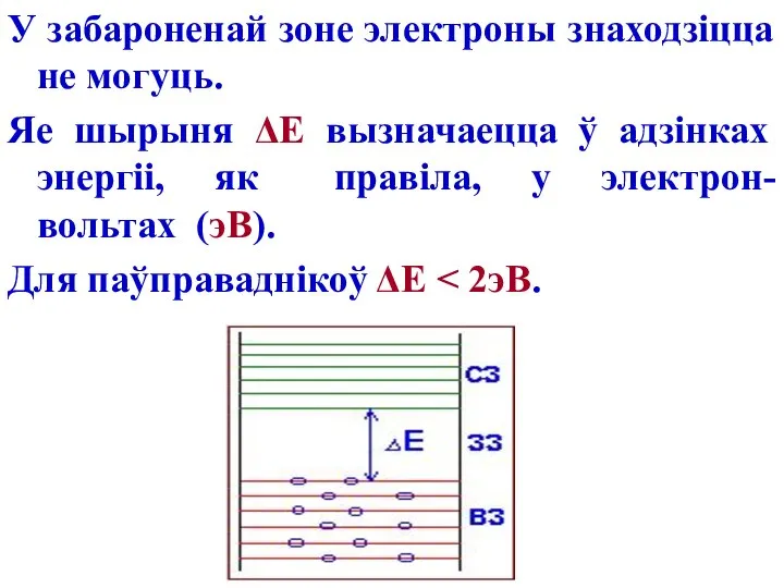 У забароненай зоне электроны знаходзіцца не могуць. Яе шырыня ΔЕ вызначаецца