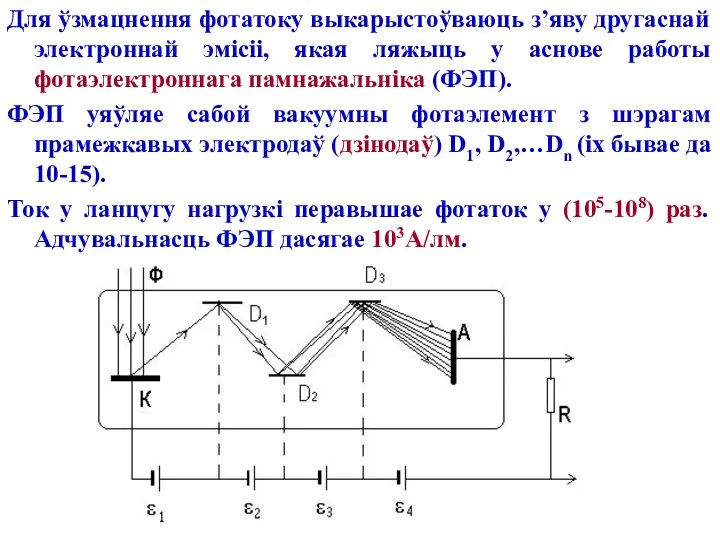 Для ўзмацнення фотатоку выкарыстоўваюць з’яву другаснай электроннай эмісіі, якая ляжыць у