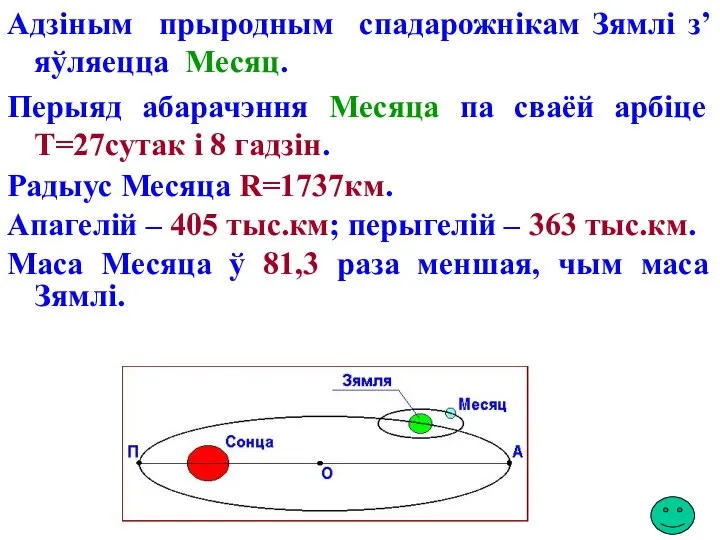 Адзіным прыродным спадарожнікам Зямлі з’яўляецца Месяц. Перыяд абарачэння Месяца па сваёй