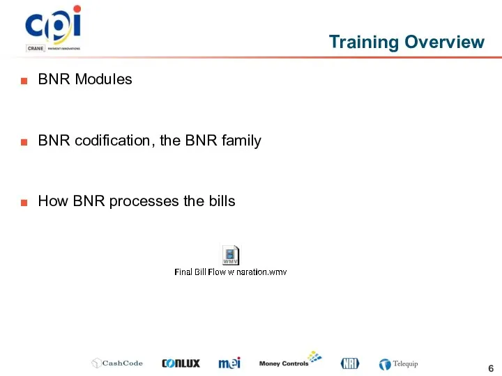 BNR Modules BNR codification, the BNR family How BNR processes the bills Training Overview