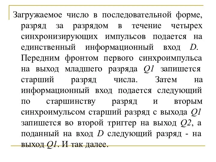 Загружаемое число в последовательной форме, разряд за разрядом в течение четырех