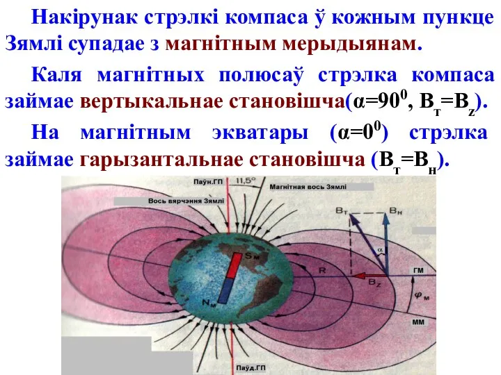 Накірунак стрэлкі компаса ў кожным пункце Зямлі супадае з магнітным мерыдыянам.