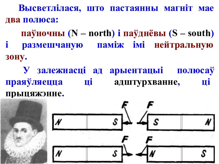 Высветлілася, што пастаянны магніт мае два полюса: паўночны (N – north)