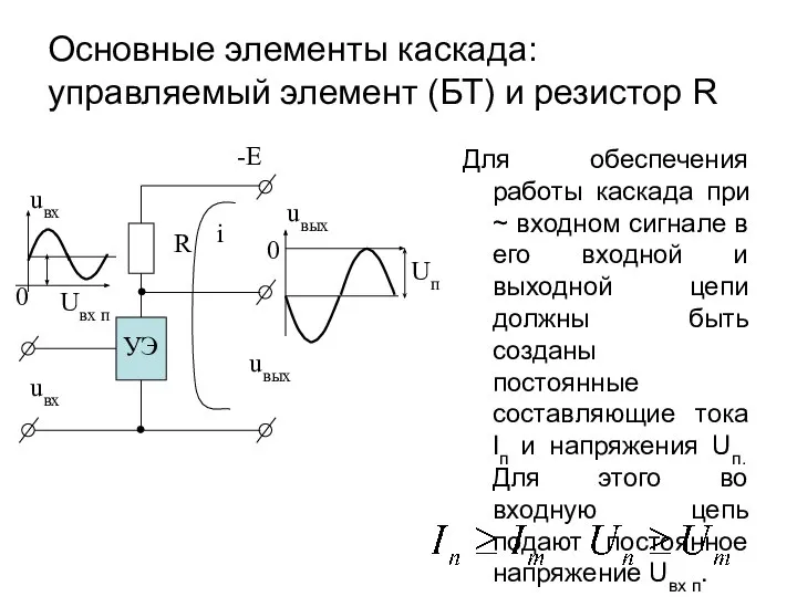 Основные элементы каскада: управляемый элемент (БТ) и резистор R Для обеспечения