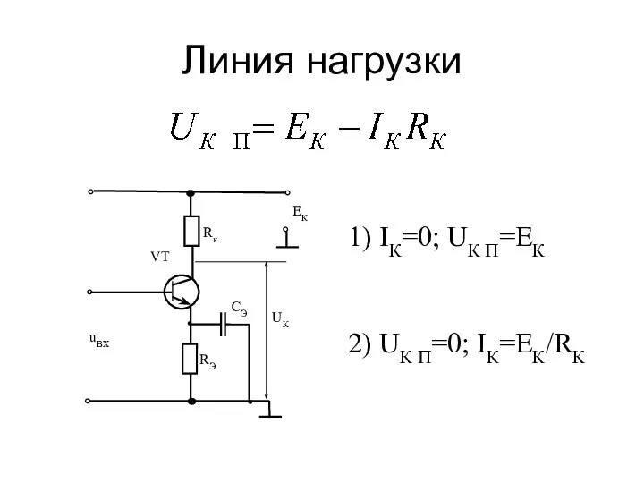 Линия нагрузки uВХ RЭ СЭ ЕК Rк VT UК 1) IК=0;