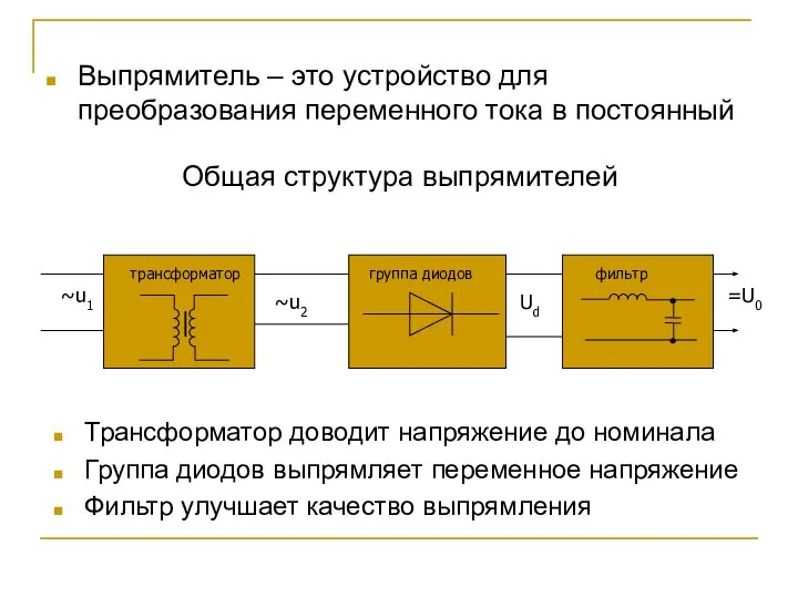 Выпрямитель – это устройство для преобразования переменного тока в постоянный Общая