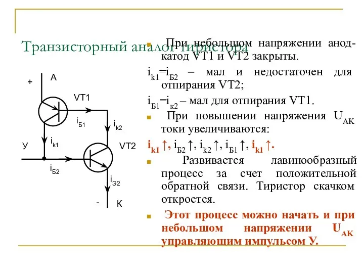 Транзисторный аналог тиристора При небольшом напряжении анод-катод VT1 и VT2 закрыты.