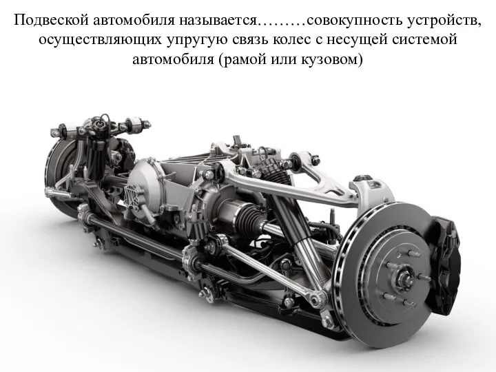 Подвеской автомобиля называется………совокупность устройств, осуществляющих упругую связь колес с несущей системой автомобиля (рамой или кузовом)