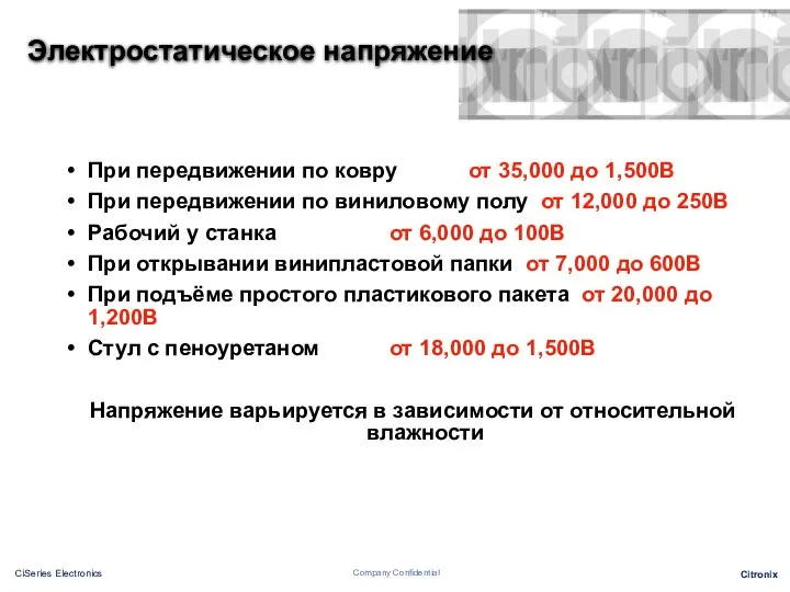 Электростатическое напряжение При передвижении по ковру от 35,000 до 1,500В При