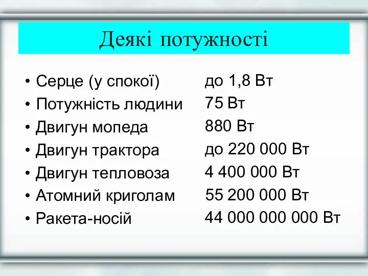 Деякі потужності Серце (у спокої) Потужність людини Двигун мопеда Двигун трактора