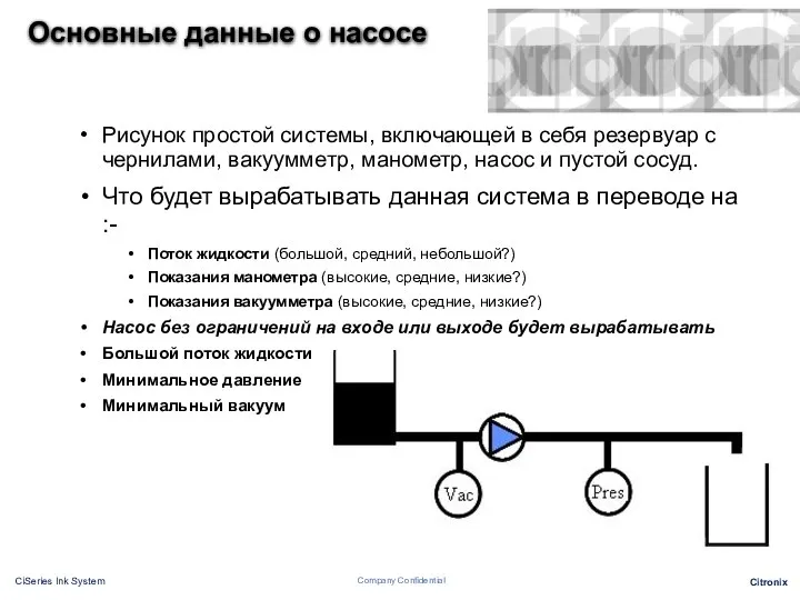 Основные данные о насосе Рисунок простой системы, включающей в себя резервуар