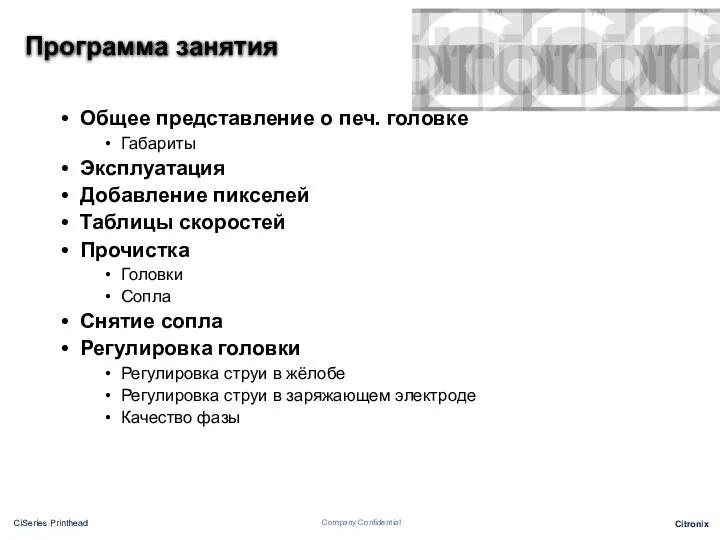 Программа занятия Общее представление о печ. головке Габариты Эксплуатация Добавление пикселей