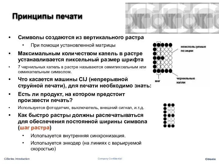 Принципы печати Символы создаются из вертикального растра При помощи установленной матрицы