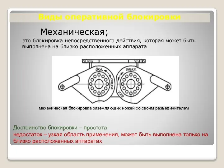 Виды оперативной блокировки Механическая; это блокировка непосредственного действия, которая может быть