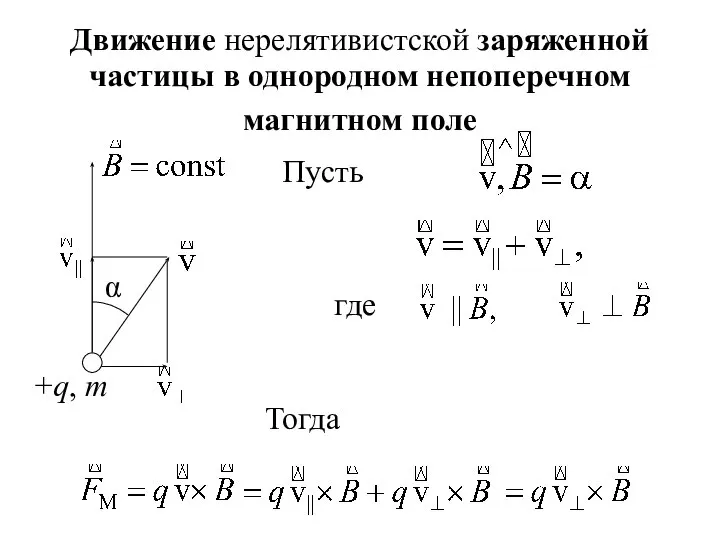 +q, m Движение нерелятивистской заряженной частицы в однородном непоперечном магнитном поле Пусть α где Тогда