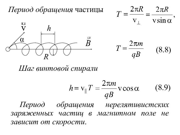 Период обращения частицы (8.8) Шаг винтовой спирали (8.9) Период обращения нерелятивистских