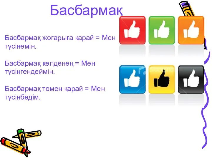 Басбармақ Басбармақ жоғарыға қарай = Мен түсінемін. Басбармақ көлденең = Мен