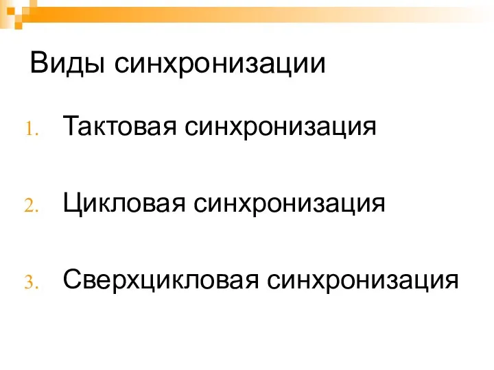 Виды синхронизации Тактовая синхронизация Цикловая синхронизация Сверхцикловая синхронизация