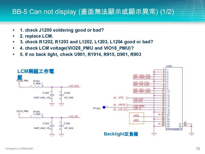 BB-5 Can not display (畫面無法顯示或顯示異常) (1/2) 1. check J1200 soldering good