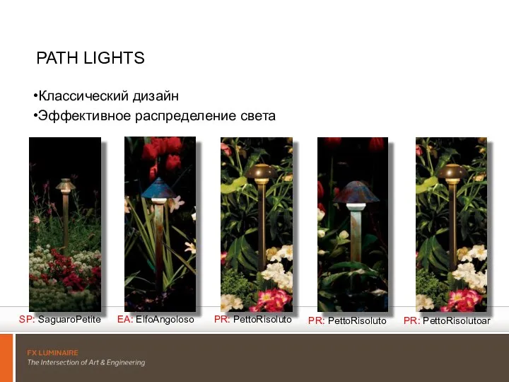 PATH LIGHTS Классический дизайн Эффективное распределение света SP: SaguaroPetite EA: ElfoAngoloso