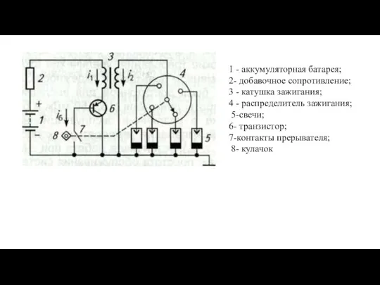 1 - аккумуляторная батарея; 2- добавочное сопротивление; 3 - катушка зажигания;