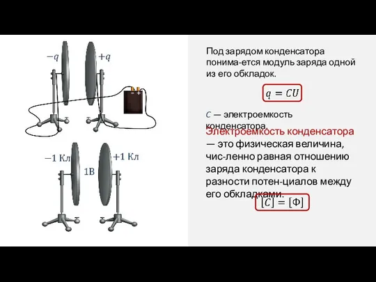 Под зарядом конденсатора понима-ется модуль заряда одной из его обкладок. C