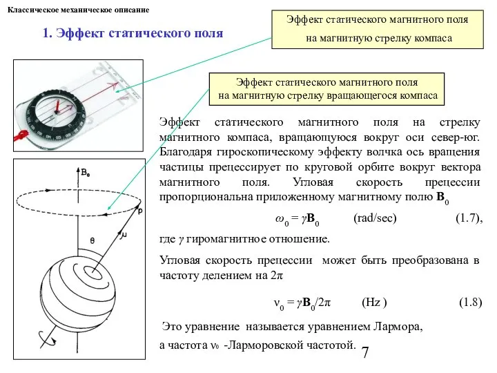 Классическое механическое описание 1. Эффект статического поля Эффект статического магнитного поля