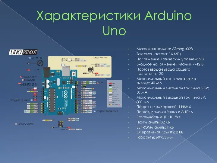 Характеристики Arduino Uno Микроконтроллер: ATmega328 Тактовая частота: 16 МГц Напряжение логических