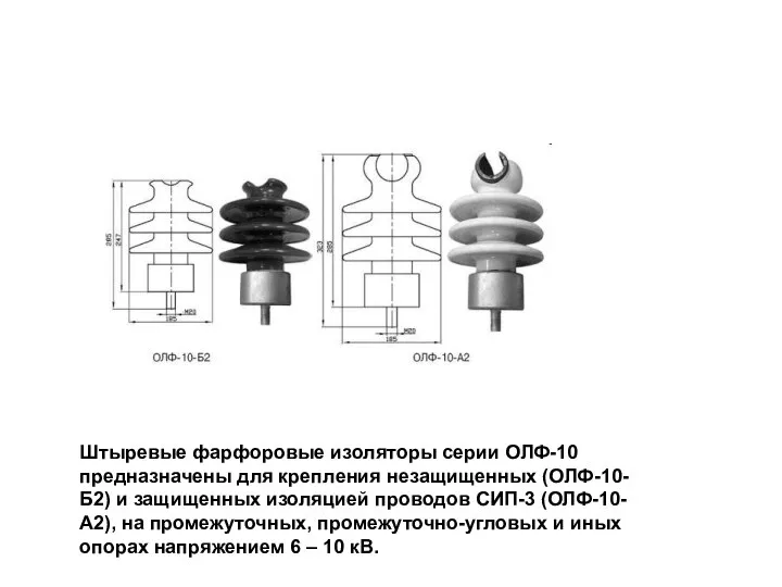 Штыревые фарфоровые изоляторы серии ОЛФ-10 предназначены для крепления незащищенных (ОЛФ-10-Б2) и