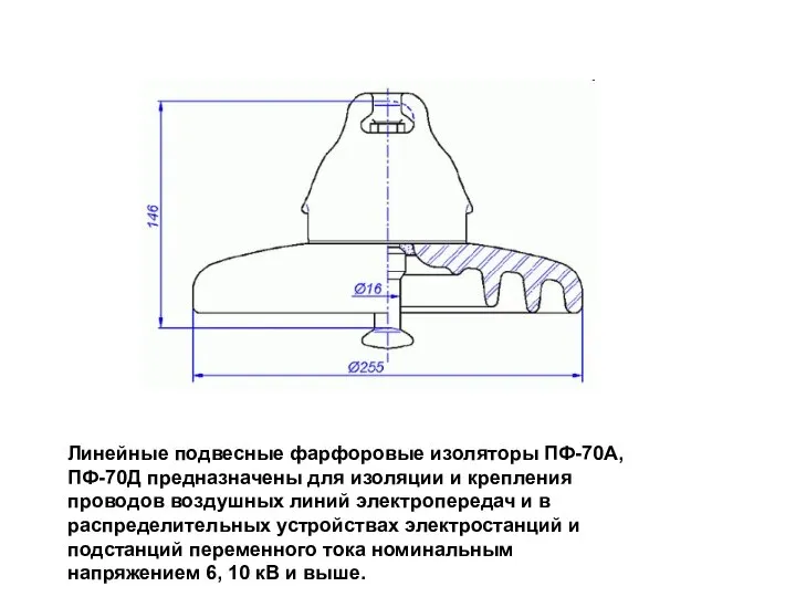 Линейные подвесные фарфоровые изоляторы ПФ-70А, ПФ-70Д предназначены для изоляции и крепления