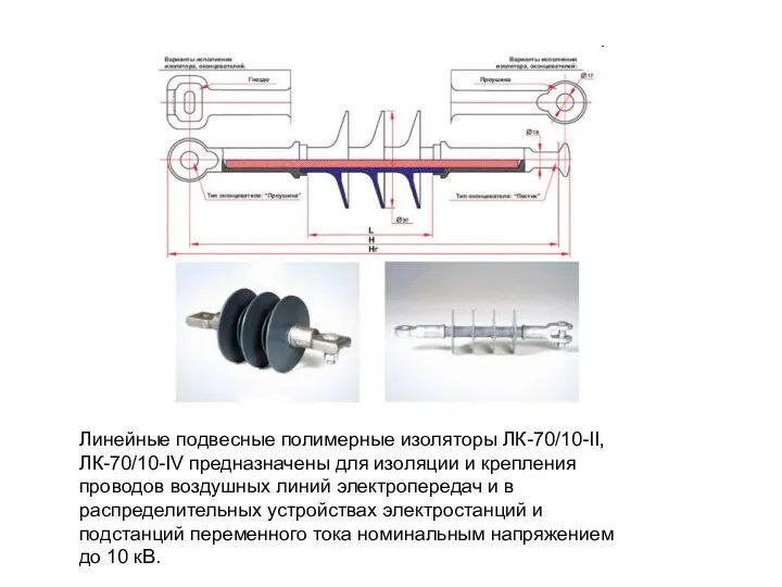 Линейные подвесные полимерные изоляторы ЛК-70/10-II, ЛК-70/10-IV предназначены для изоляции и крепления