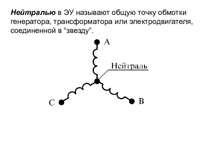 Нейтралью в ЭУ называют общую точку обмотки генератора, трансформатора или электродвигателя, соединенной в “звезду”.