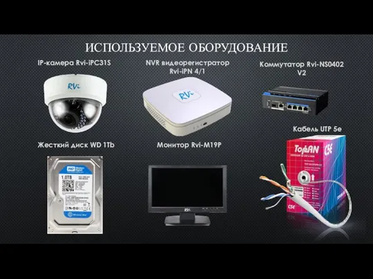 ИСПОЛЬЗУЕМОЕ ОБОРУДОВАНИЕ IP-камера Rvi-iPC31S NVR видеорегистратор Rvi-iPN 4/1 Коммутатор Rvi-NS0402 V2