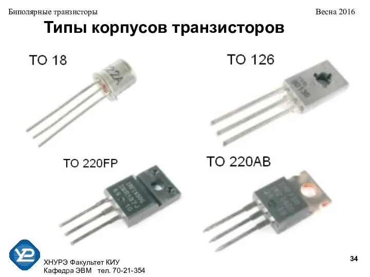 ХНУРЭ Факультет КИУ Кафедра ЭВМ тел. 70-21-354 Биполярные транзисторы Весна 2016 Типы корпусов транзисторов