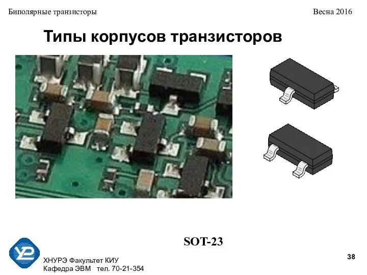 ХНУРЭ Факультет КИУ Кафедра ЭВМ тел. 70-21-354 Биполярные транзисторы Весна 2016 Типы корпусов транзисторов SOT-23