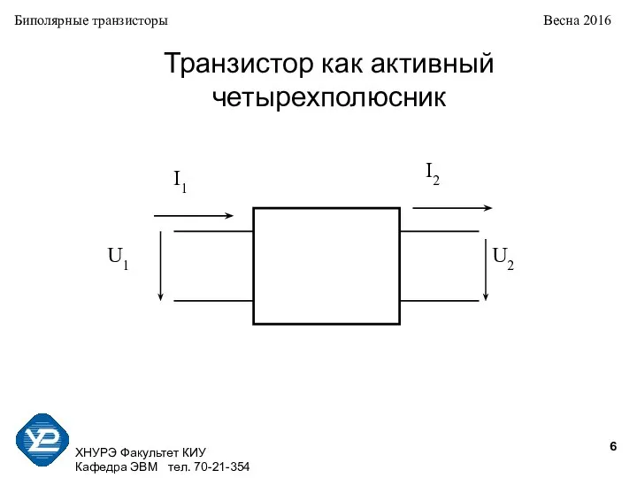 ХНУРЭ Факультет КИУ Кафедра ЭВМ тел. 70-21-354 Биполярные транзисторы Весна 2016 Транзистор как активный четырехполюсник