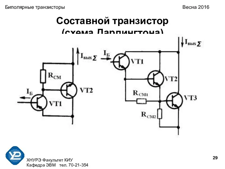 ХНУРЭ Факультет КИУ Кафедра ЭВМ тел. 70-21-354 Биполярные транзисторы Весна 2016 Составной транзистор (схема Дарлингтона)