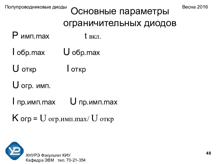 Основные параметры ограничительных диодов P имп.max t вкл. I обр.max U