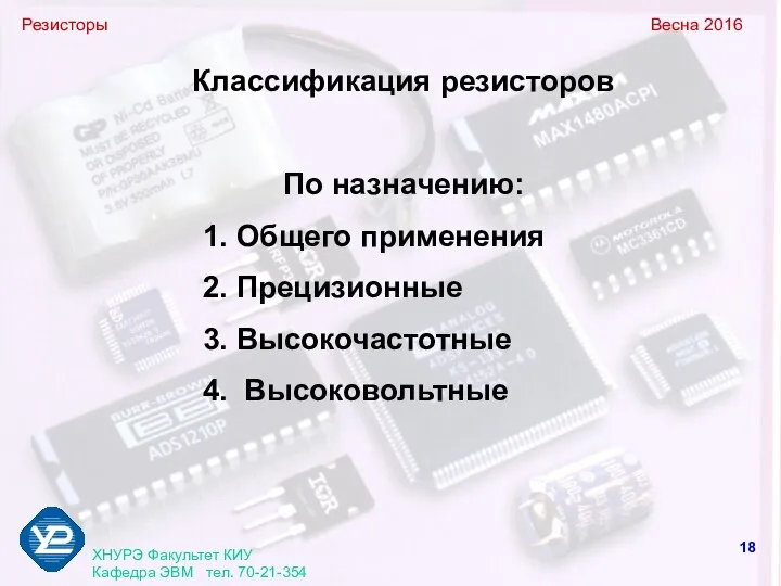 Резисторы Весна 2016 ХНУРЭ Факультет КИУ Кафедра ЭВМ тел. 70-21-354 Классификация