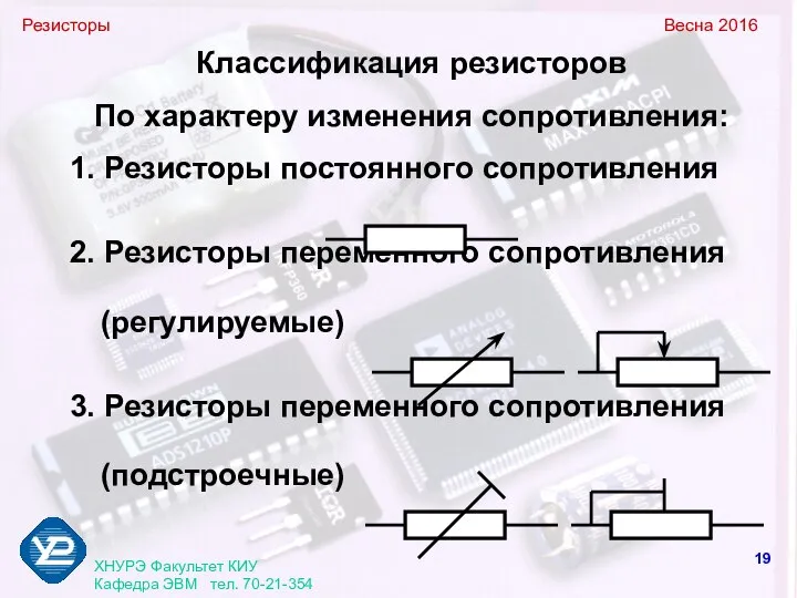 Резисторы Весна 2016 ХНУРЭ Факультет КИУ Кафедра ЭВМ тел. 70-21-354 Классификация